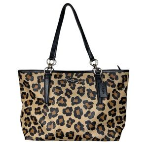 Coach Ellis Leopard Printed Coated Canvas City Tote Gold Hardware Black Leather